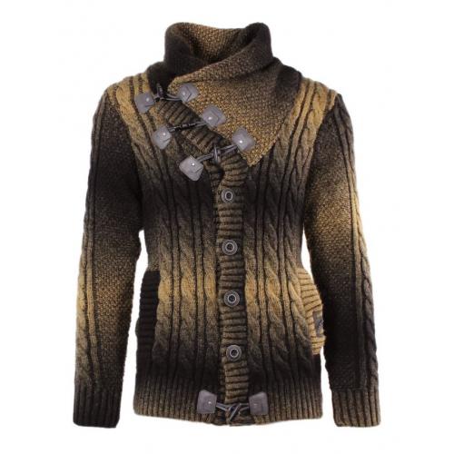 LCR Camel / Black Button-Up Modern Fit Wool Blend Shawl Collar Cardigan Sweater 5740