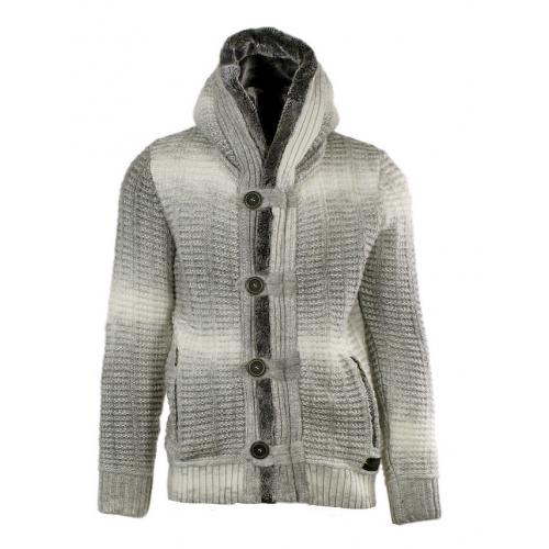 LCR White / Silver Grey Modern Fit Wool Blend Faux Fur Hooded Cardigan Sweater 5735