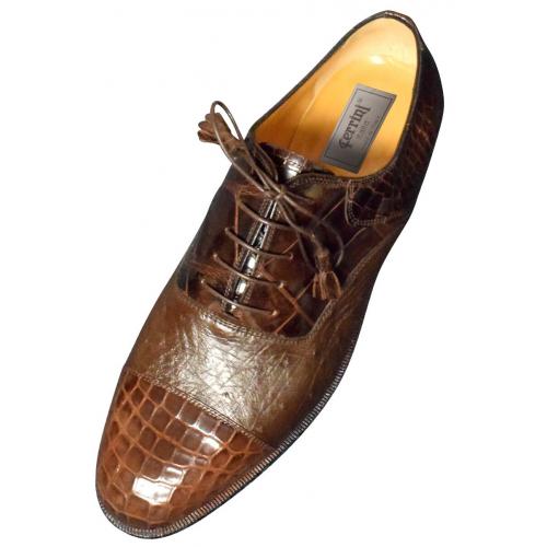 Ferrini 4234 Chocolate Genuine Alligator / Ostrich Lace Up Cap Toe Shoes