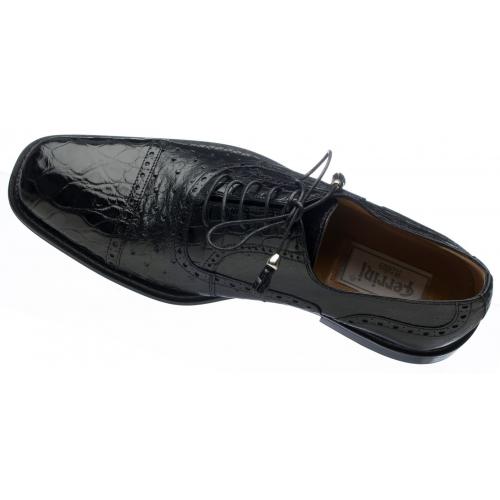 Ferrini 203 Black Genuine Alligator / Ostrich Lace Up Cap Toe Shoes.