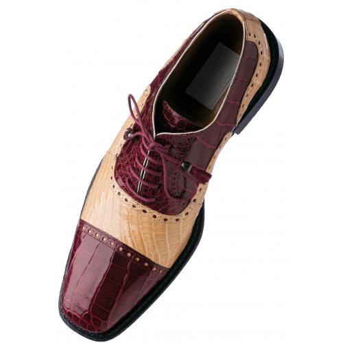 Ferrini 203 Burgundy / Beige Genuine Alligator Lace Up Cap Toe Shoes