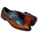 Carrucci Dark Ocean Blue / Cognac Burnished Calfskin Wingtip Monk Strap Shoes KS886-22
