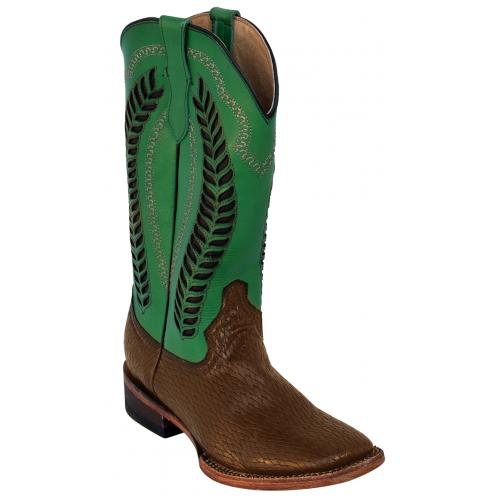 Ferrini Ladies 81993-09 Green / Chocolate Genuine Leather S-Toe Cowboy Boot.