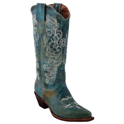 Ferrini Ladies 82161-50 Turquoise Genuine Cowhide Leather V-Toe Cowboy Boots.