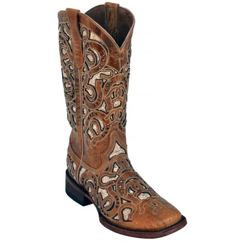 Ferrini Ladies 83093-15 Antique Saddle Genuine Cowhide Leather S-Toe Cowboy Boots.
