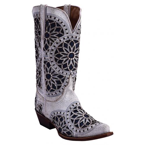 Ferrini Ladies 84061-19 White Genuine Cowhide Leather V-Toe Cowboy Boots.