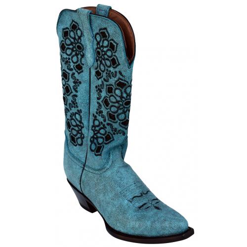 Ferrini Ladies 84061-50 Turquoise Genuine Cowhide Leather V-Toe Cowboy Boots.