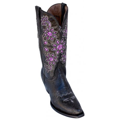 Ferrini Ladies 84061-35 Distressed Black Genuine Cowhide Leather V-Toe Cowboy Boots.