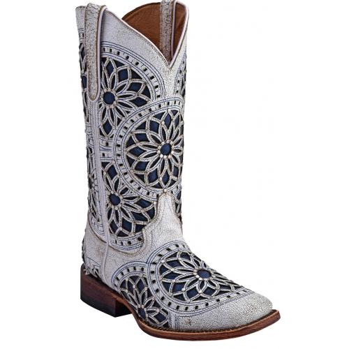 Ferrini Ladies 84093-19 White Genuine Cowhide Leather S-Toe Cowboy Boots.