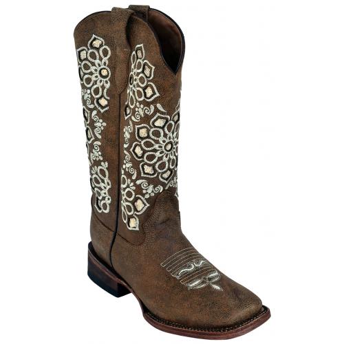 Ferrini Ladies 84093-14 Mocha Genuine Cowhide Leather S-Toe Cowboy Boots.