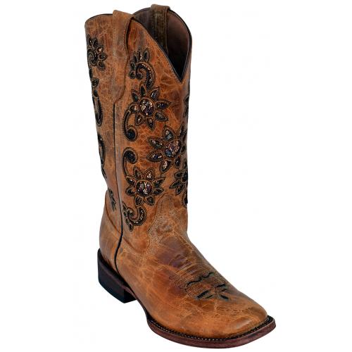 Ferrini Ladies 84093-50 Antique Saddle Genuine Cowhide Leather S-Toe Cowboy Boots.