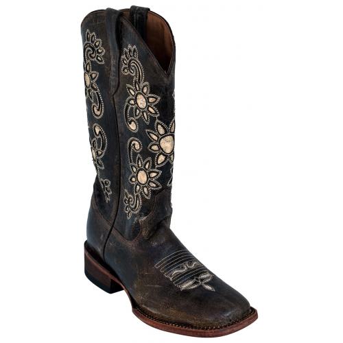 Ferrini Ladies 84093-52 Distressed Chocolate Genuine Cowhide Leather S-Toe Cowboy Boots.