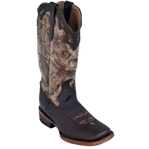 Ferrini Ladies 81093-14 Mocha Floral Genuine Cowhide Leather V-Toe Cowboy Boots.