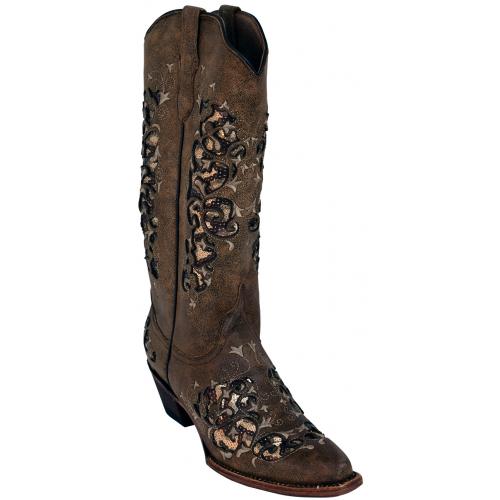Ferrini Ladies 83061-14 Mocha Genuine Cowhide Leather V-Toe Cowboy Boots.