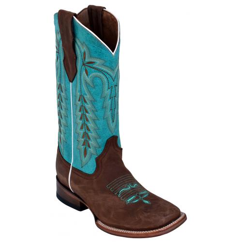Ferrini Ladies 82693-09 Chocolate Turquoise Genuine Cowhide Leather S-Toe Cowboy Boots.