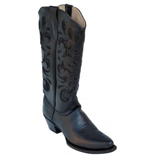 Ferrini Ladies 83461-04 Black Genuine Leather V-Toe Cowboy Boots.
