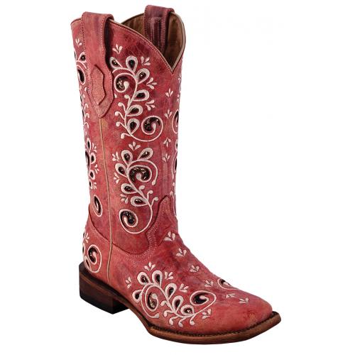 Ferrini Ladies 84093-22 Red Genuine Cowhide Leather S-Toe Cowboy Boots.
