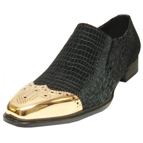Fiesso Black Alligator Print With Gold Metal Tip Loafers FI6885.