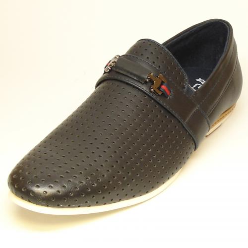 Fiesso Navy Perforated PU Leather Slip-On Casual Shoes FI2230.