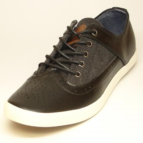 Fiesso Black Perforated PU Leather / Denim Lace-Up Sneakers FI2196.