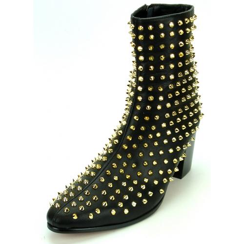 Fiesso Black Genuine PU Leather Boots With Gold Metal Stud FI7142.