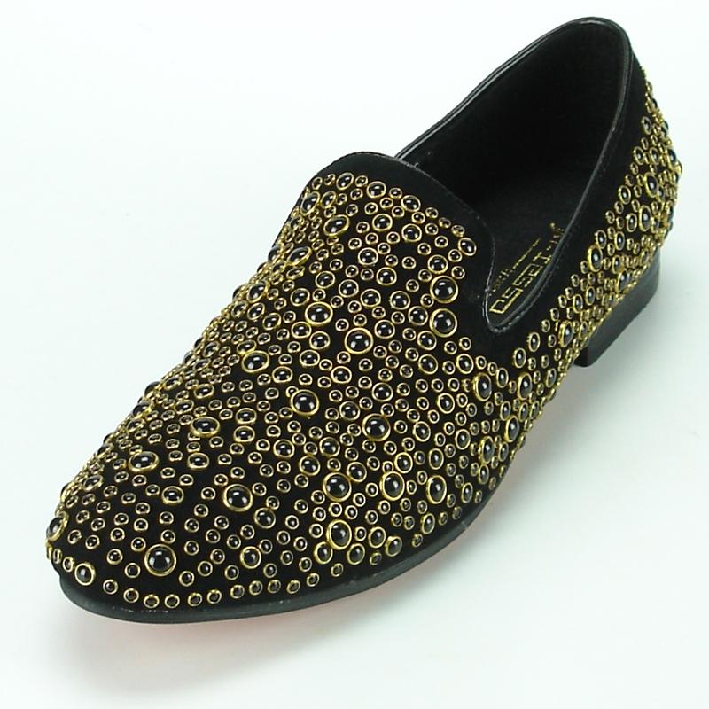 Fiesso Black Genuine Leather Slip-On Shoes With Gold Metal Stud FI7082 ...