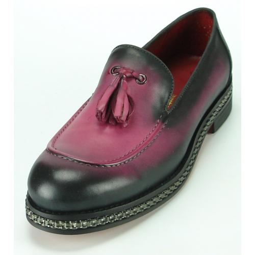 Fiesso Burgundy Genuine Leather Slip-On Tassel Shoes With  Silver Sole Bracelet FI7123.