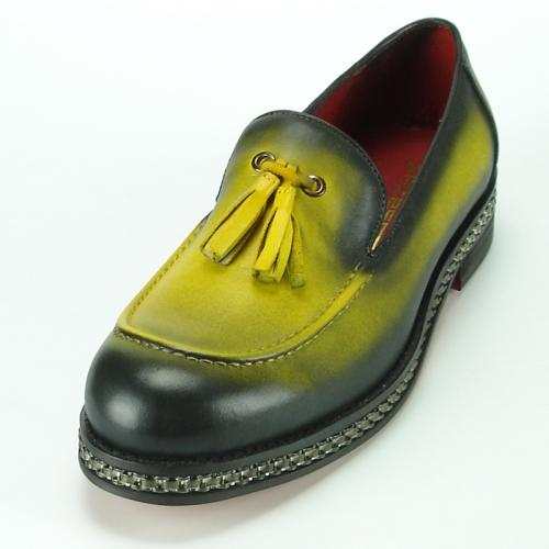Fiesso Yellow / Green Genuine Leather Slip-On Tassel Shoes With  Silver Sole Bracelet FI7123.