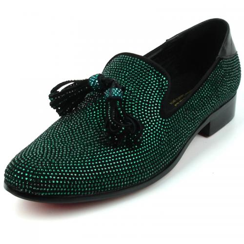 Fiesso Green Genuine Suede Leather Slip-On Tassel Shoes With Rhinestones FI7285.