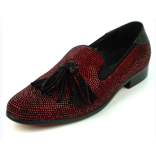 Fiesso Red / Black Genuine Suede Leather Slip-On Tassel Shoes With Rhinestones FI7285.