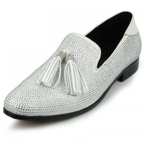 Fiesso White Genuine Suede Leather Slip-On Tassel Shoes With Rhinestones FI7285.