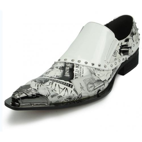 Fiesso White / Black / Artistic Design Genuine Leather Metal Tip Loafers FI6864.