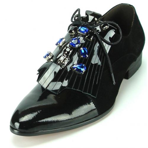 Fiesso Black Patent Leather / Suede With Blue Stone Lace-Up Shoes FI7111.