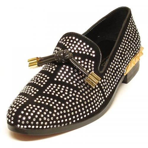 Fiesso Black Suede Clear Crystals with Tassel Loafers FI-6958.