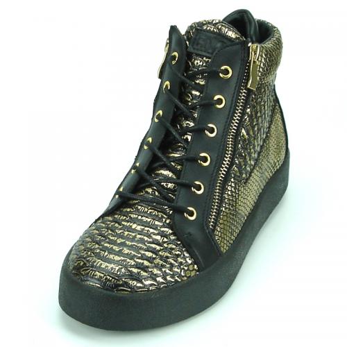 Fiesso Black  / Gold PU Leather High -top Sneakers FI-2272.