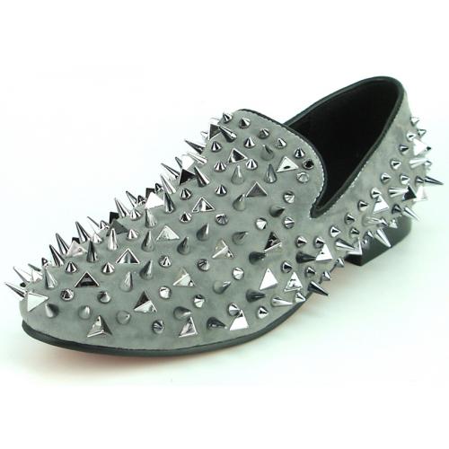 Fiesso Grey Suede Leather Loafers With Silver Spikes FI7239.