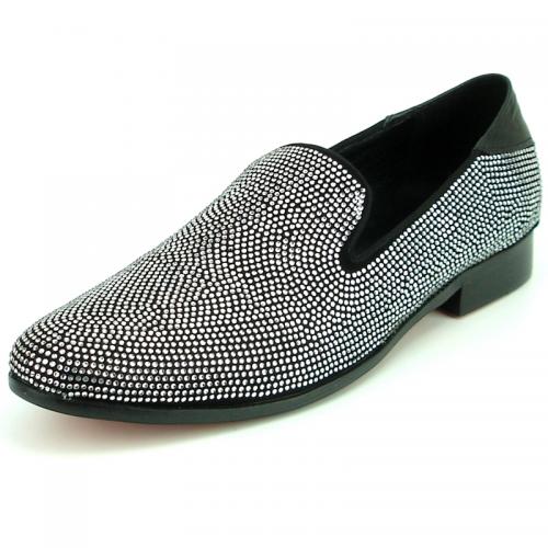 Fiesso Black / Silver Genuine Suede Leather Slip-On Shoes With Rhinestones FI7285.