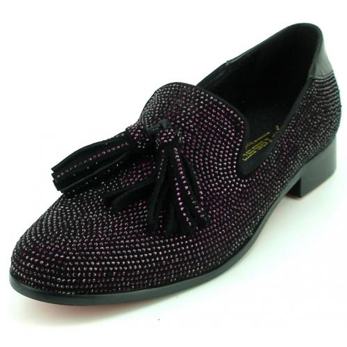 Fiesso Black / Purple Genuine Suede Leather Slip-On Tassel Shoes With Rhinestones FI7285.