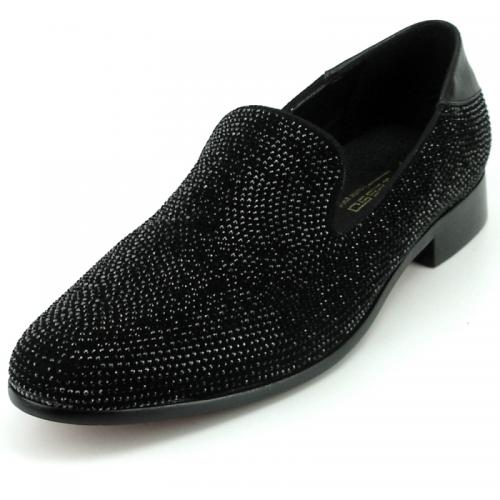 Fiesso Black Genuine Suede Leather Slip-On Shoes With Rhinestones FI7285.