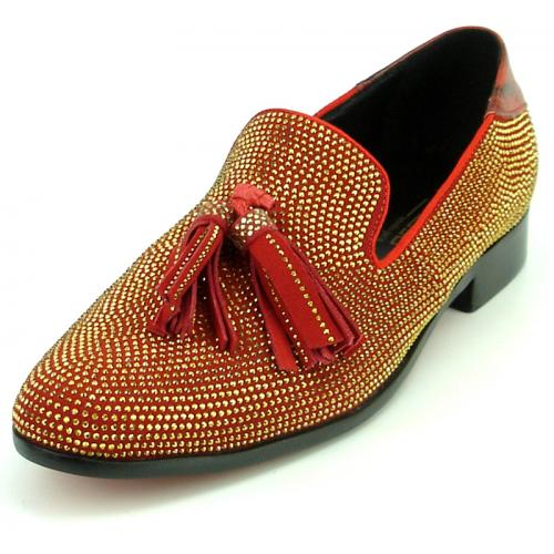 Fiesso Red / Gold Genuine Suede Leather Slip-On Tassel Shoes With Rhinestones FI7285.