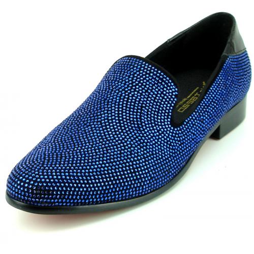 Fiesso Black /  Blue Genuine Suede Leather Slip-On Shoes With Rhinestones FI7285.