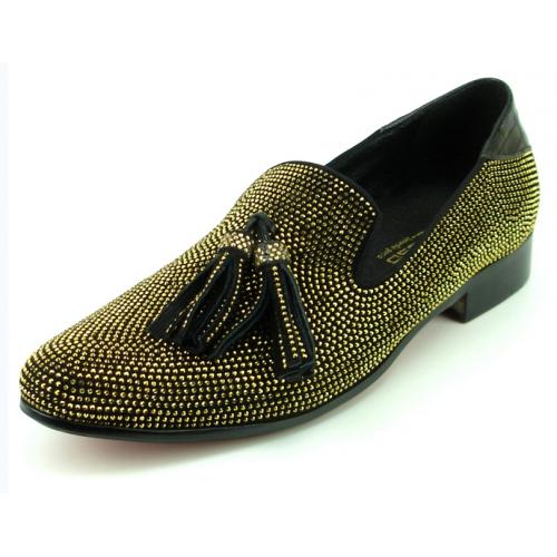 Fiesso Black / Gold Genuine Suede Leather Slip-On Shoes With Rhinestones FI7285.