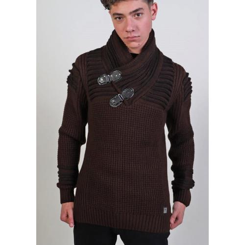 Barabas Brown / Black Pull-Over Buckled Shawl Collar Modern Fit Sweater W122