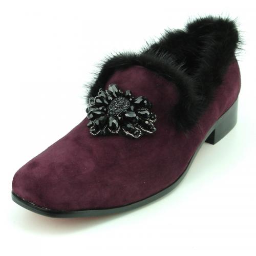 Fiesso Burgundy / Black Suede With Rhinestones / Fur Slip-On Shoes FI7306.
