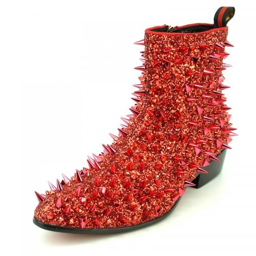 Fiesso Red Glitter Suede Spikes Ankle Boots FI7316.