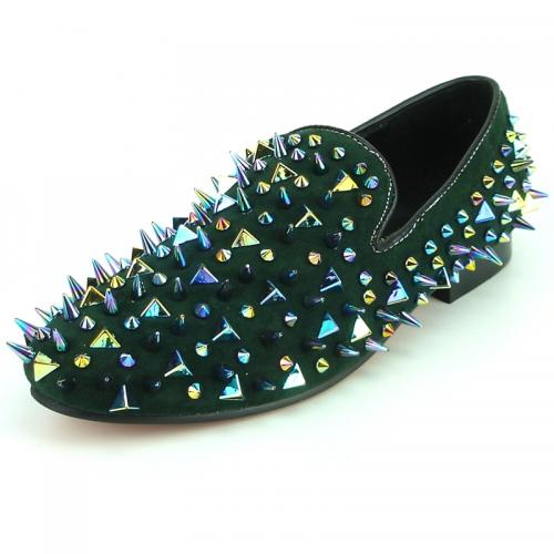 Fiesso Green Suede Leather Loafers With Multi Spikes FI7239.