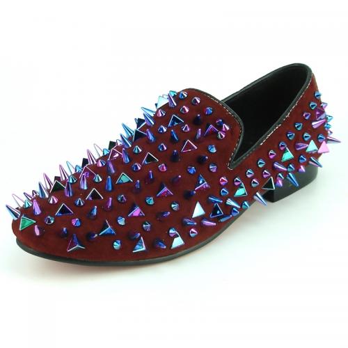Fiesso Burgundy Suede Leather Loafers With Multi Spikes FI7239.