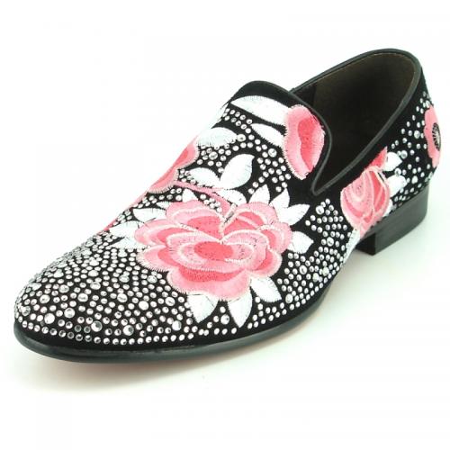 Fiesso Black Suede Silver Rhinestones Flower Loafers FI7360.