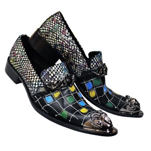 Fiesso Black / Multicolor Hand Painted Lurex Genuine Leather Slip On Shoes With Bracelet / Metal Toe FI6950.