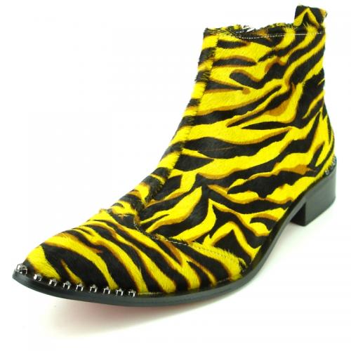 Fiesso Yellow / Black Leopard Pony Hair Boot with Side Zipper FI7315.